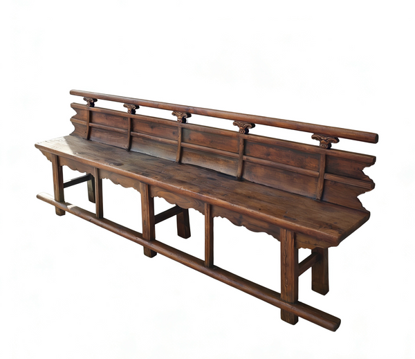 Vintage 111" Elm Wood Bench with Tiered Backrest
