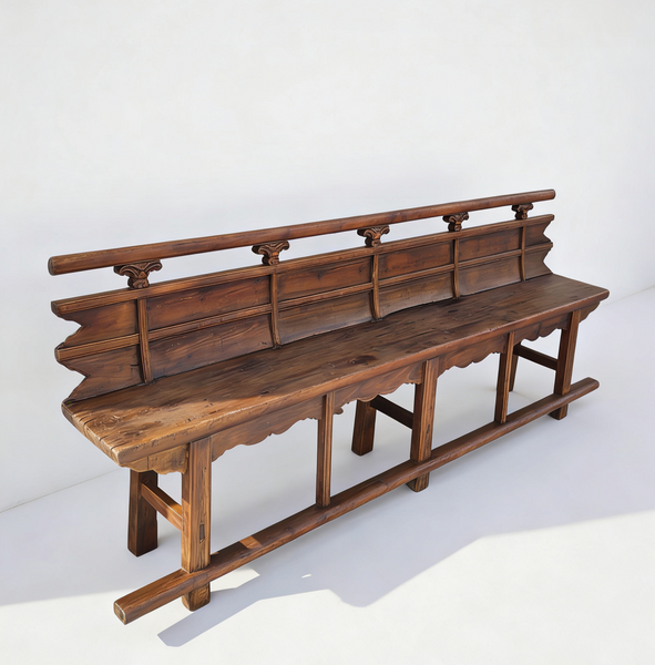 Vintage 111" Elm Wood Bench with Tiered Backrest