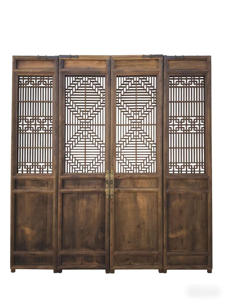 Antique Chinese 4 Panel Lattice Wood Screen Doors