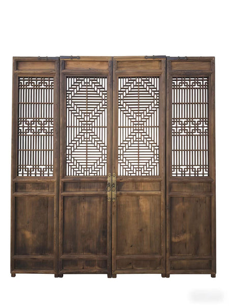 Antique Chinese 4 Panel Lattice Wood Screen Doors