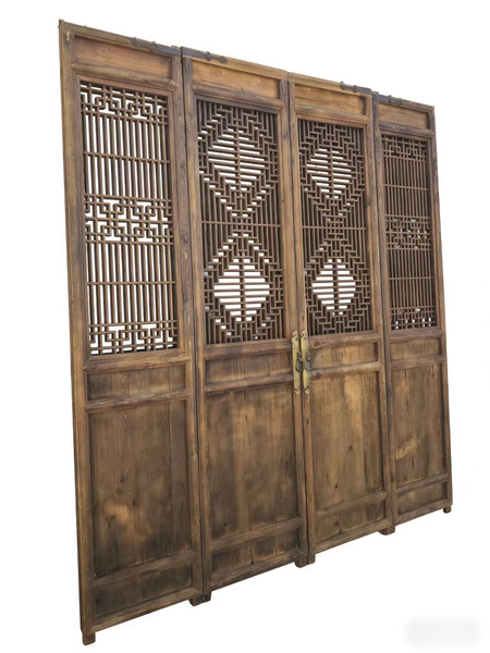 Antique Chinese 4 Panel Lattice Wood Screen Doors