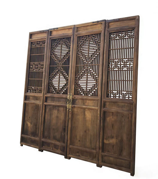 Antique Chinese 4 Panel Lattice Wood Screen Doors
