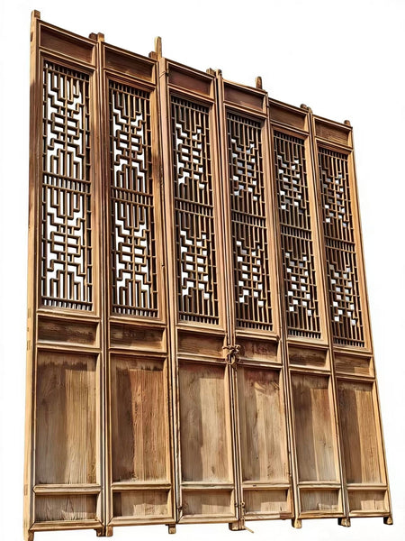 Antique Chinese 6 Panel Lattice Wood Screen Doors