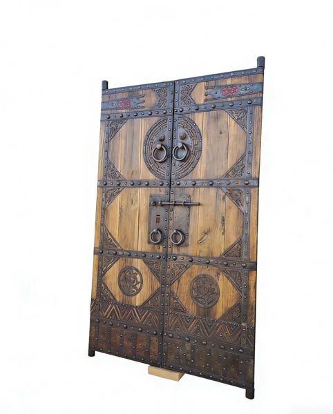 Antique Chinese Wood Doors with Geometric Iron Medallions