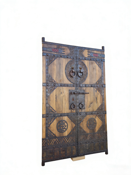 Antique Chinese Wood Doors with Geometric Iron Medallions