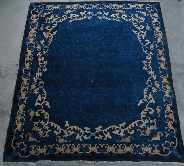 Blue Vintage Chinese Art Deco Rugs, 9 ft 8 in x 8 ft 3 in