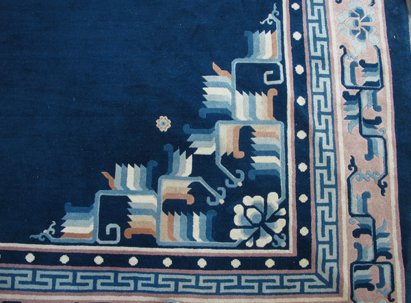 Blue Flowering Vintage Chinese Art Deco Rug, 12 ft 3 in x 9 ft