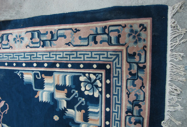 Blue Flowering Vintage Chinese Art Deco Rug, 12 ft 3 in x 9 ft