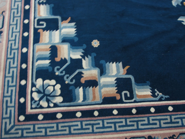 Blue Flowering Vintage Chinese Art Deco Rug, 12 ft 3 in x 9 ft