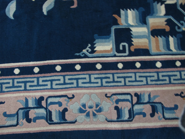 Blue Flowering Vintage Chinese Art Deco Rug, 12 ft 3 in x 9 ft