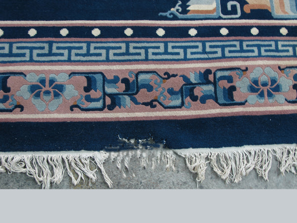 Blue Flowering Vintage Chinese Art Deco Rug, 12 ft 3 in x 9 ft