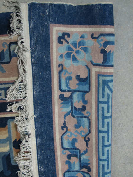 Blue Flowering Vintage Chinese Art Deco Rug, 12 ft 3 in x 9 ft