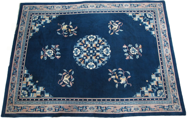 Blue Flowering Vintage Chinese Art Deco Rug, 12 ft 3 in x 9 ft