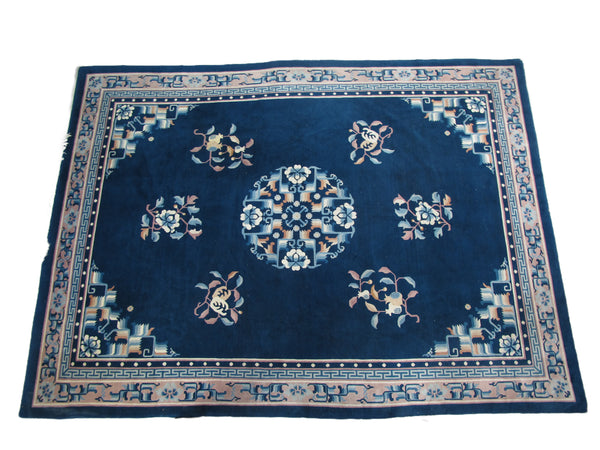 Blue Flowering Vintage Chinese Art Deco Rug, 12 ft 3 in x 9 ft