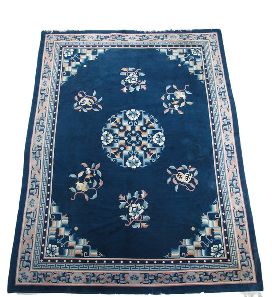 Blue Flowering Vintage Chinese Art Deco Rug, 12 ft 3 in x 9 ft