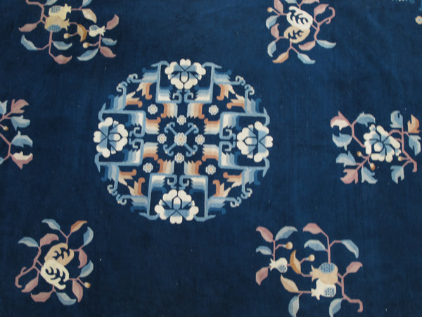 Blue Flowering Vintage Chinese Art Deco Rug, 12 ft 3 in x 9 ft