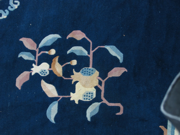 Blue Flowering Vintage Chinese Art Deco Rug, 12 ft 3 in x 9 ft