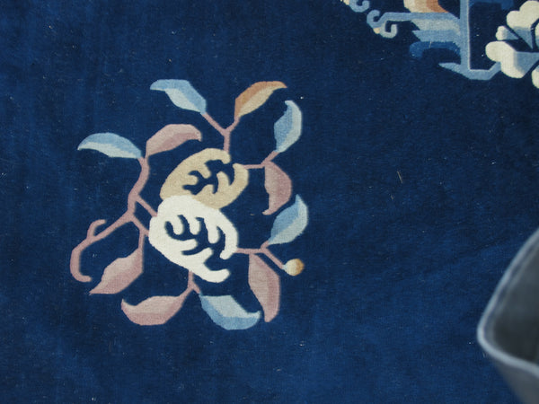Blue Flowering Vintage Chinese Art Deco Rug, 12 ft 3 in x 9 ft