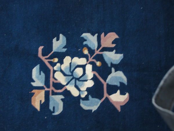 Blue Flowering Vintage Chinese Art Deco Rug, 12 ft 3 in x 9 ft