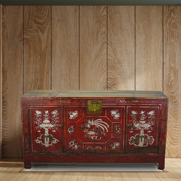 Two Doors 60" Long Red Hand Painted Antique Chinese Sideboard