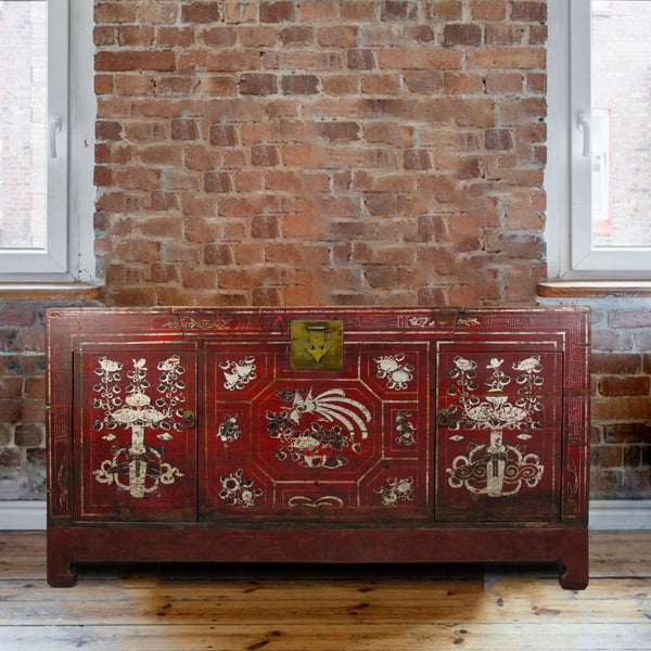 Two Doors 60" Long Red Hand Painted Antique Chinese Sideboard
