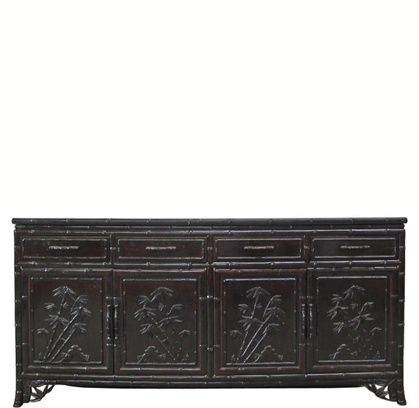 Hand Crafted Dark Brown Sideboard Buffet with Carved Bamboo