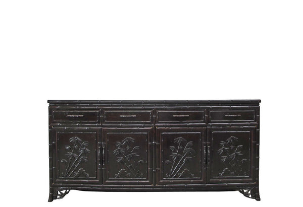 Hand Crafted Dark Brown Sideboard Buffet with Carved Bamboo