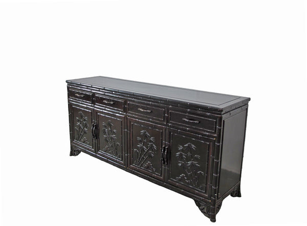 Hand Crafted Dark Brown Sideboard Buffet with Carved Bamboo