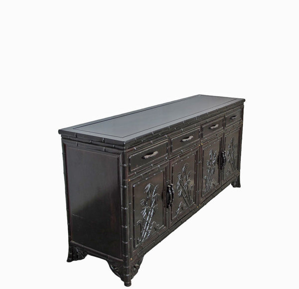 Hand Crafted Dark Brown Sideboard Buffet with Carved Bamboo