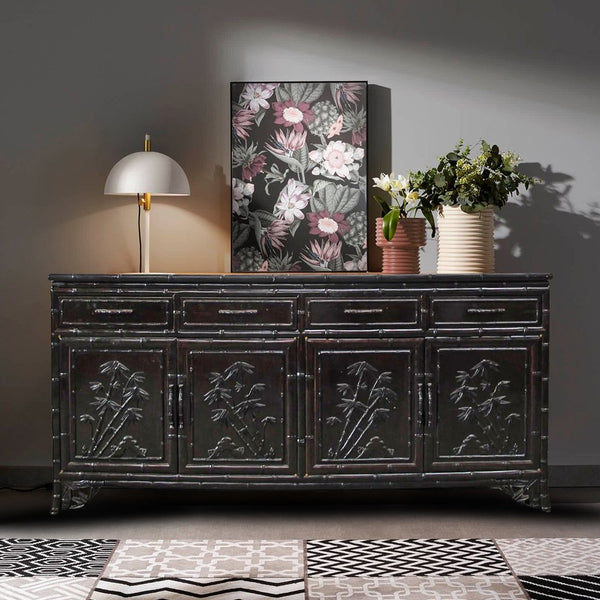 Hand Crafted Dark Brown Sideboard Buffet with Carved Bamboo