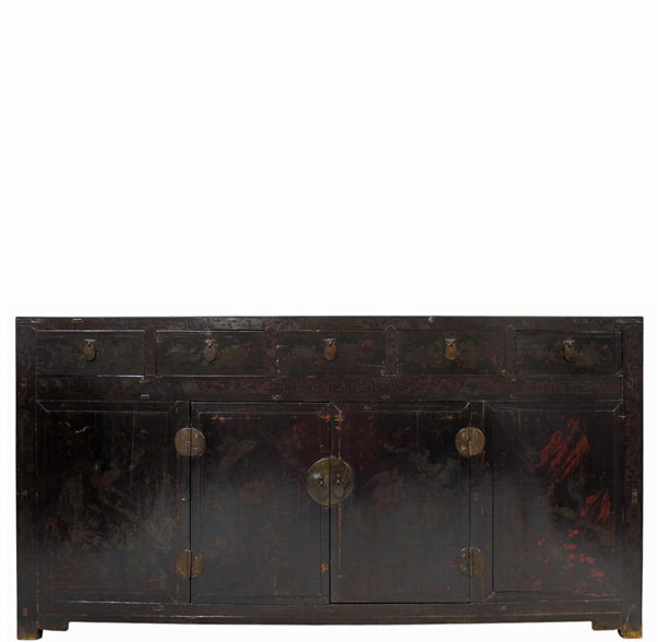 Antique Chinese Tall Sideboard with Faded Hand-Painted Doors, Red-Brown Patina