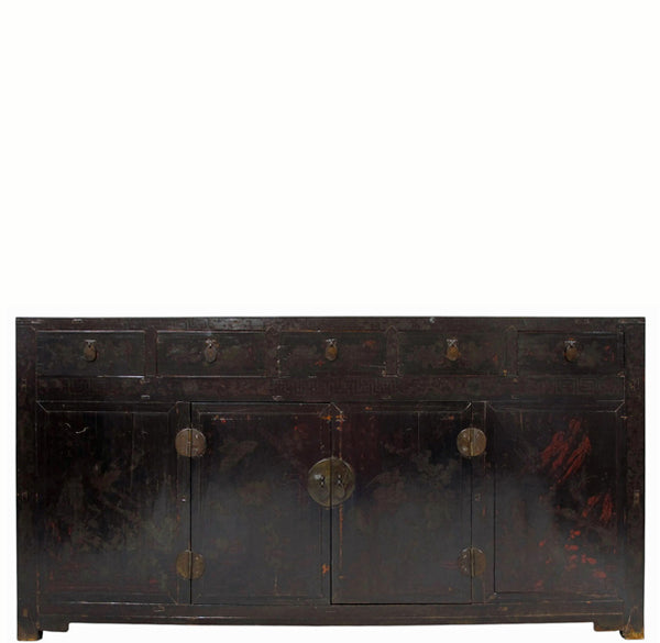 Antique Chinese Tall Sideboard with Faded Hand-Painted Doors, Red-Brown Patina