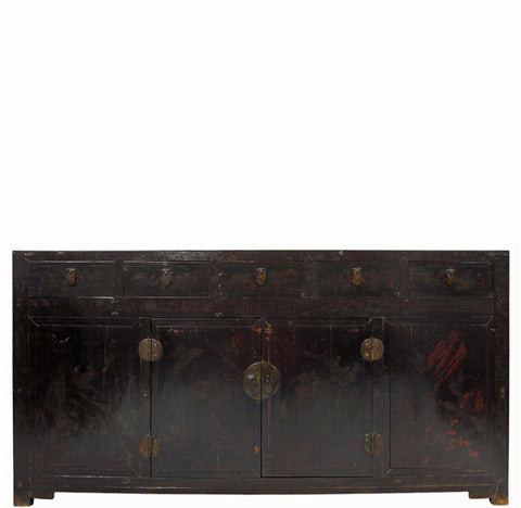 Antique Chinese Tall Sideboard with Faded Hand-Painted Doors, Red-Brown Patina