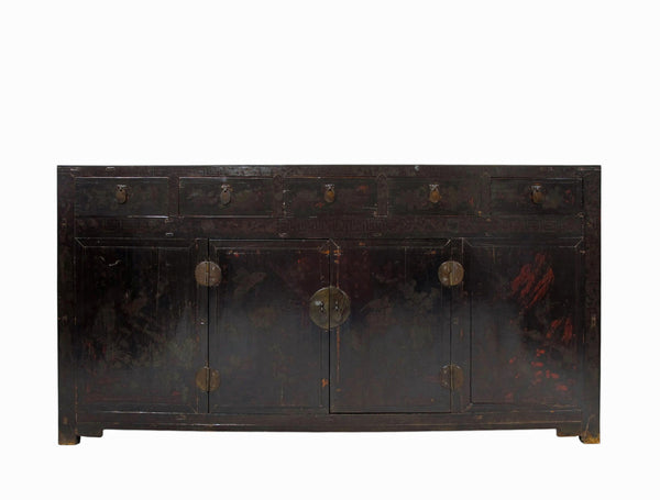Antique Chinese Tall Sideboard with Faded Hand-Painted Doors, Red-Brown Patina
