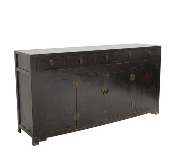 Antique Chinese Tall Sideboard with Faded Hand-Painted Doors, Red-Brown Patina