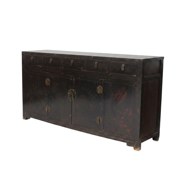Antique Chinese Tall Sideboard with Faded Hand-Painted Doors, Red-Brown Patina