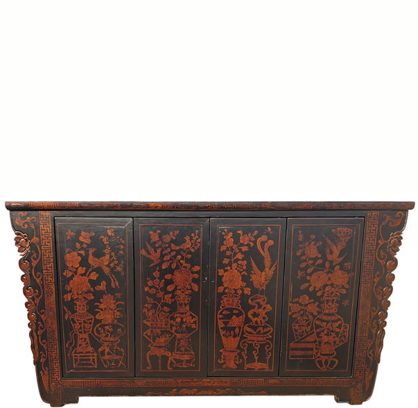 Vintage Chinese Four-Door Cabinet with Hand-Painted Floral and Bird Panels