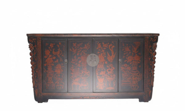 Vintage Chinese Four-Door Cabinet with Hand-Painted Floral and Bird Panels