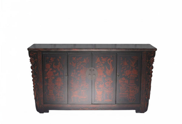Vintage Chinese Four-Door Cabinet with Hand-Painted Floral and Bird Panels