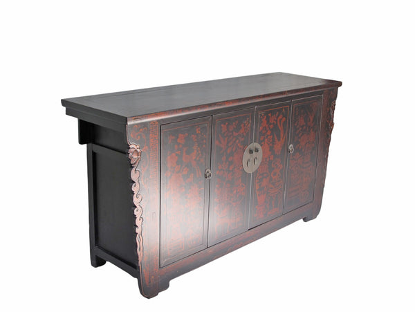 Vintage Chinese Four-Door Cabinet with Hand-Painted Floral and Bird Panels