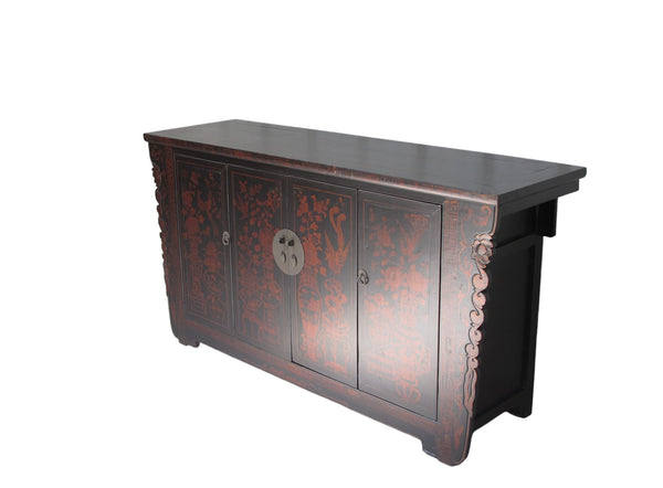 Vintage Chinese Four-Door Cabinet with Hand-Painted Floral and Bird Panels