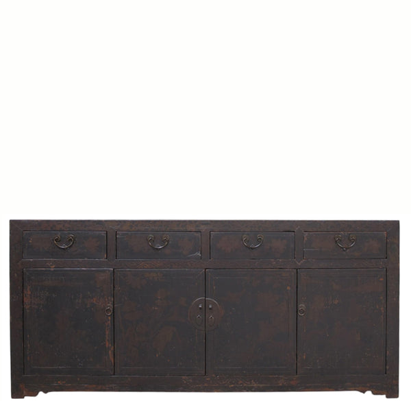 Circa 1926 Antique Chinese Dark Brown Painted Sideboard with Four Drawers and Four Doors