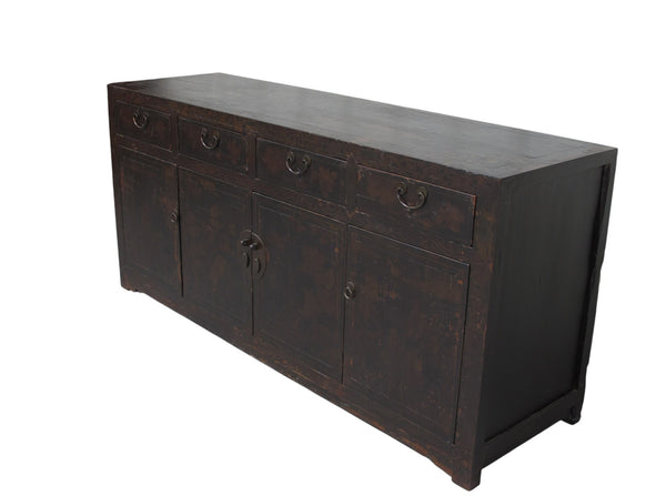 Circa 1926 Antique Chinese Dark Brown Painted Sideboard with Four Drawers and Four Doors