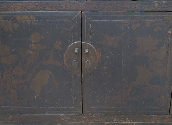 Circa 1926 Antique Chinese Dark Brown Painted Sideboard with Four Drawers and Four Doors