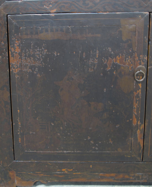 Circa 1926 Antique Chinese Dark Brown Painted Sideboard with Four Drawers and Four Doors