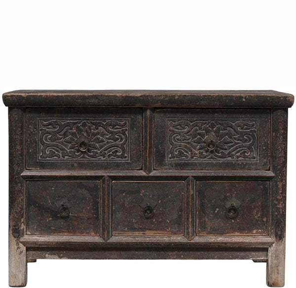Hand Carved Vintage Chinese Reclaimed Wood Accent Chest or Low Sideboard Cabinet