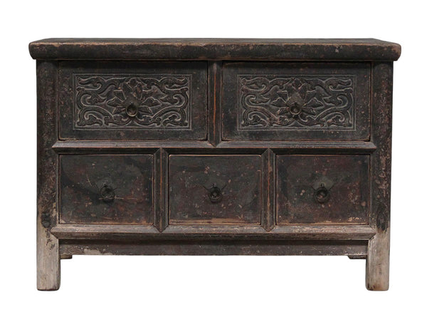 Hand Carved Vintage Chinese Reclaimed Wood Accent Chest or Low Sideboard Cabinet