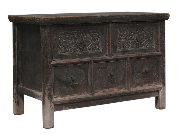 Hand Carved Vintage Chinese Reclaimed Wood Accent Chest or Low Sideboard Cabinet