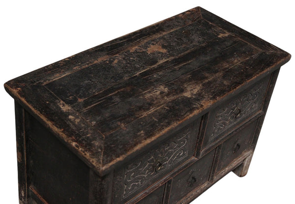 Hand Carved Vintage Chinese Reclaimed Wood Accent Chest or Low Sideboard Cabinet