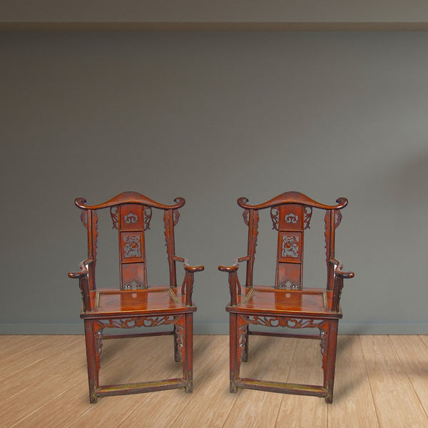 Red Antique Chinese Armchair with Elaborate Carving